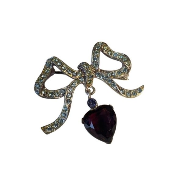 Monet Bow-Shaped Silver Brooch Rhinestones Heart-Shaped Purple Gemstone Pendant - Picture 2 of 4
